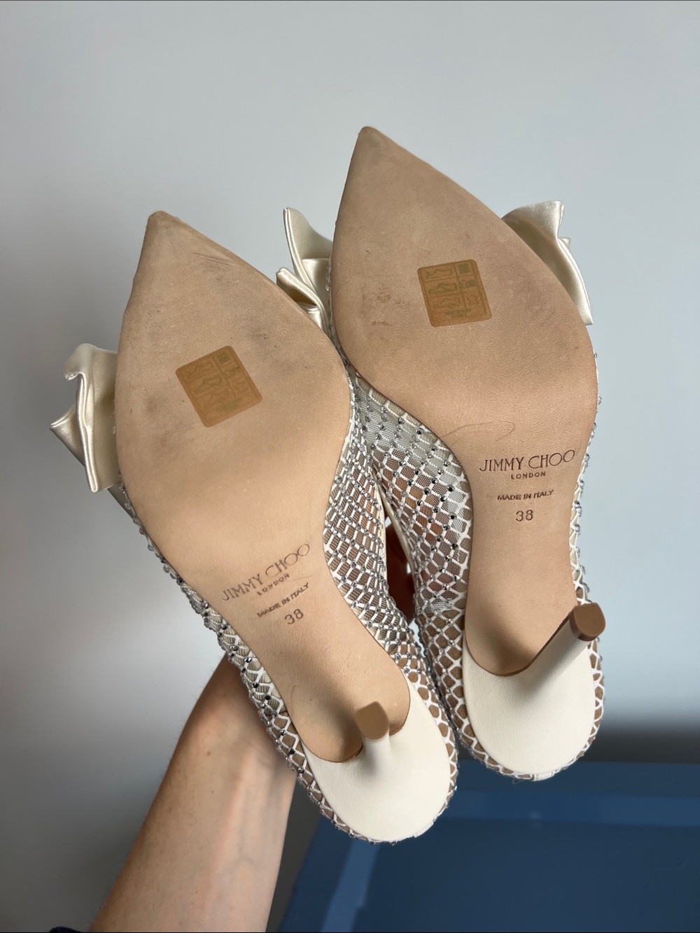 Jimmy Choo love 100 crystal embellished mesh satin bow pump pointed toe heel 38 - Picture 5 of 16